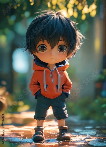 Animated boy character with big eyes and dark hair photo