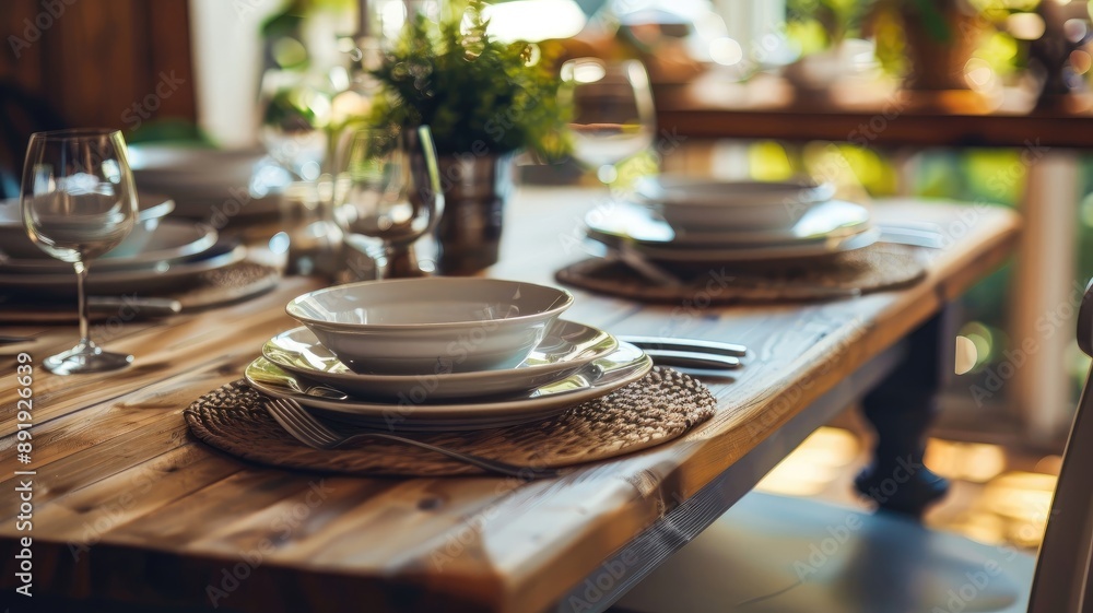 Cozy dining table set with elegant dishware and glasses, bright, welcoming ambiance Cozy dining table set with elegant dishware and glasses, bright, welcoming ambiance