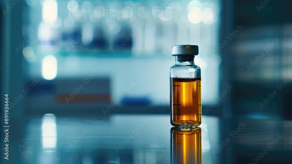 Small glass vial with amber liquid on lab countertop Small glass vial with amber liquid on lab countertop