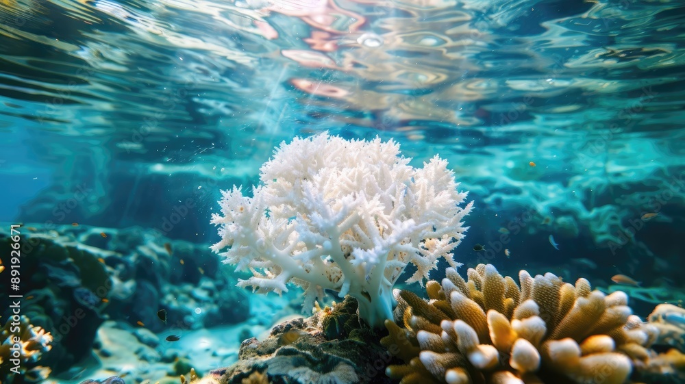 Fototapeta premium Luminous coral reef underwater surrounded by colorful aquatic life
