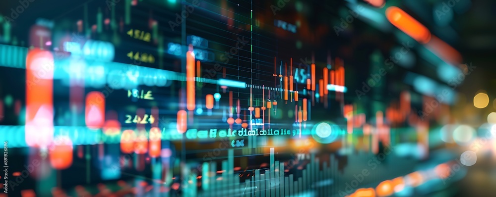 Candlestick graph displaying financial data on a digital screen, with blurred business abstractions in the foreground. Candlestick graph displaying financial data on a digital screen, with blurred business abstractions in the foreground.