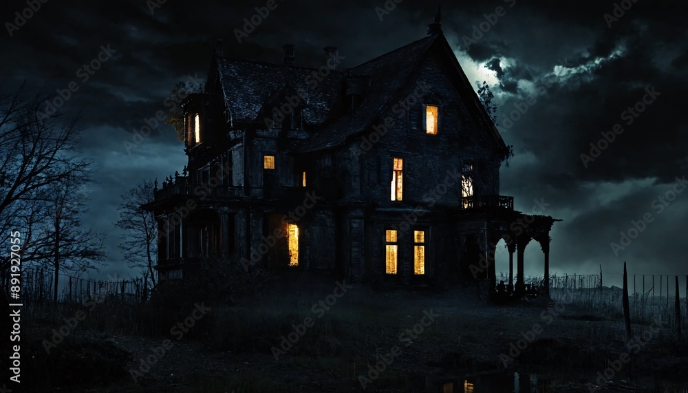 Night view of an old, creepy house in the woods Night view of an old, creepy house in the woods