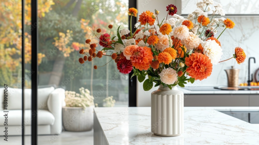 modern floral arrangement, fresh autumn flowers beautifully arranged on a white marble countertop, enhancing the modern home interior with a vibrant touch of color modern floral arrangement, fresh autumn flowers beautifully arranged on a white marble countertop, enhancing the modern home interior with a vibrant touch of color