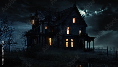 Night view of an old, creepy house in the woods photo