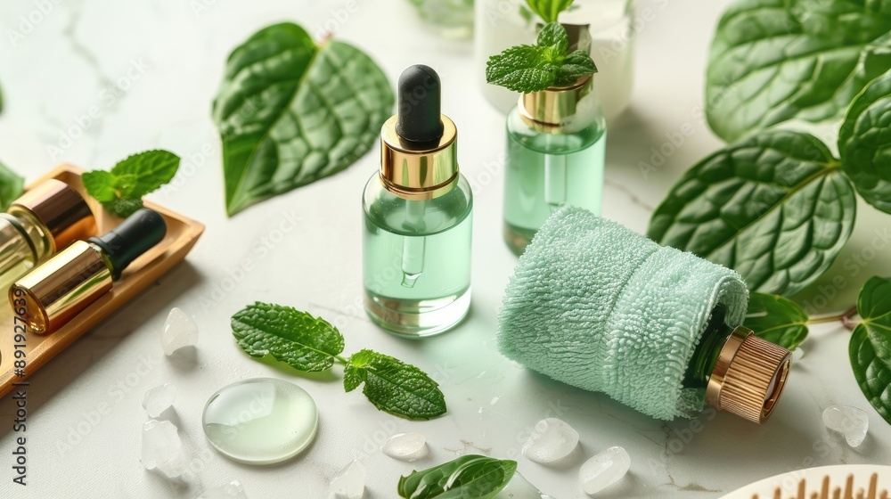 Spa Setting with Mint Essential Oil Bottles and Green Leaf Spa Setting with Mint Essential Oil Bottles and Green Leaf