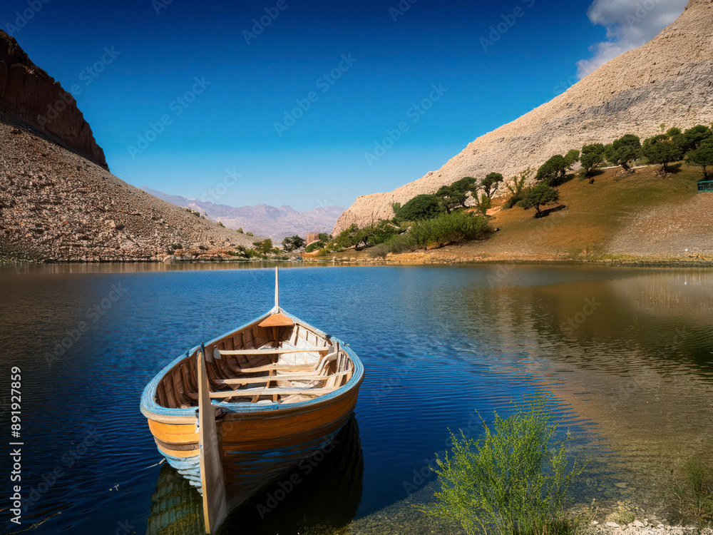 Obraz premium boat in the lake with mountains