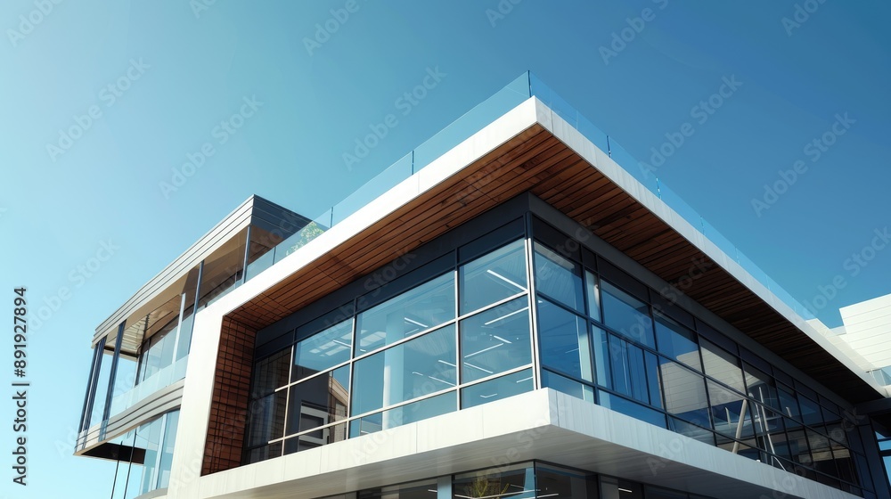 Contemporary building design with clear blue sky in the background Contemporary building design with clear blue sky in the background