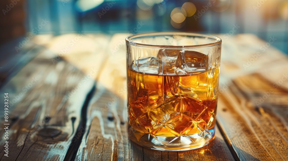 Whiskey served over ice in glass on wooden table