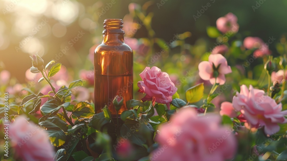 Rose essential oil bottle with focused nature Rose essential oil bottle with focused nature