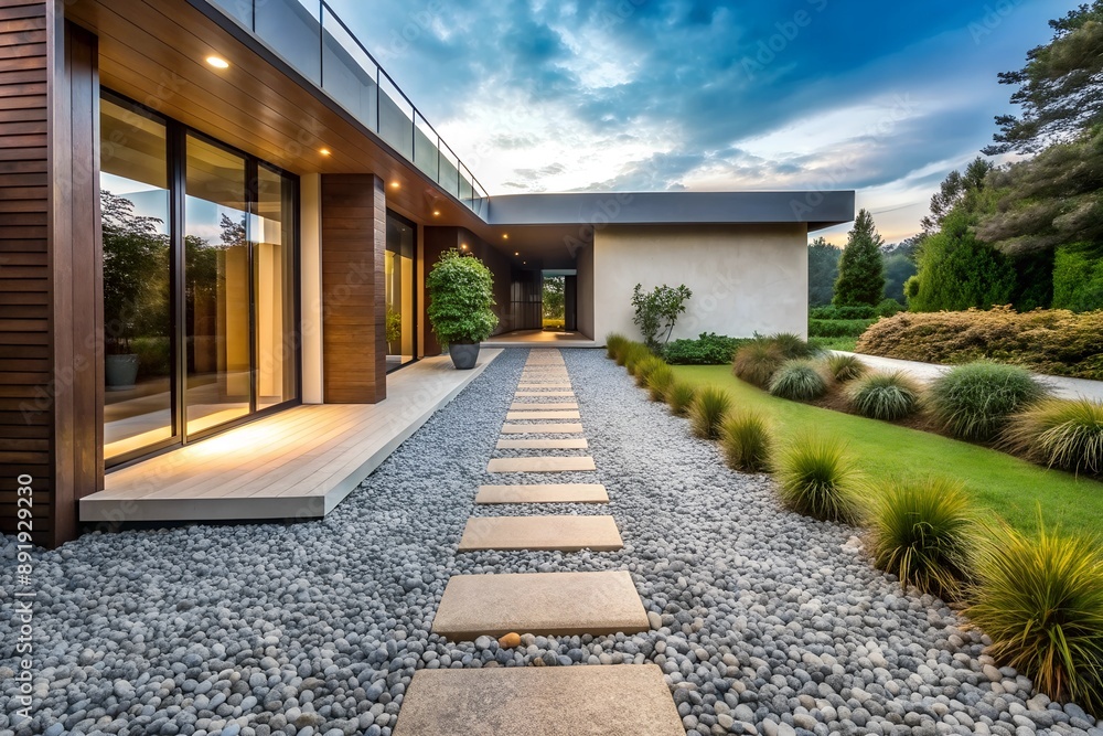 Walkway made of small pebbles leading to house with contemporary house exterior Walkway made of small pebbles leading to house with contemporary house exterior