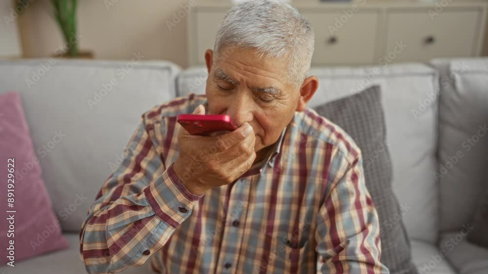 Elderly hispanic man in a plaid shirt recording a voice message indoors on a red smartphone while sitting on a comfortable sofa in a cozy living room. Elderly hispanic man in a plaid shirt recording a voice message indoors on a red smartphone while sitting on a comfortable sofa in a cozy living room.