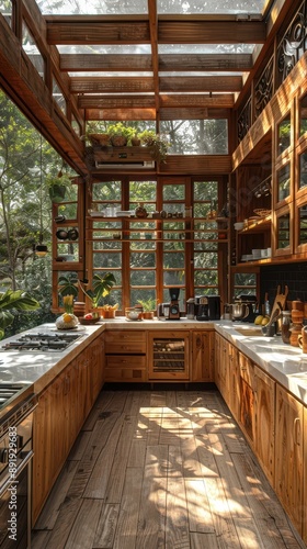 A kitchen with wooden cabinets and a countertop © Aliaksandr Siamko