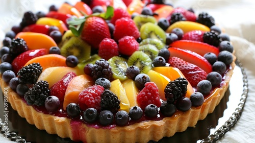 a meticulously arranged fruit tart with colorful berries and a glossy finish, looking like an edible masterpiece