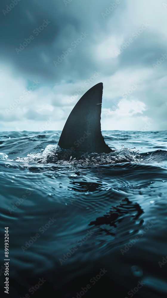 Fototapeta premium lone shark fin cutting through the ocean's surface, set against a backdrop of turbulent waters and cloudy skies. The scene evokes a sense of mystery and suspense, emphasizing the raw power
