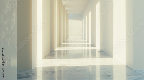 A long hallway with white walls and a white floor