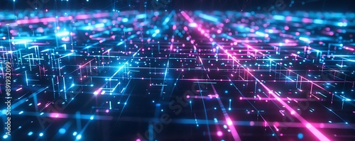 Neon lights in digital space, abstract 3D cyber grid with blue and pink colors, technology theme. © Eun Woo Ai