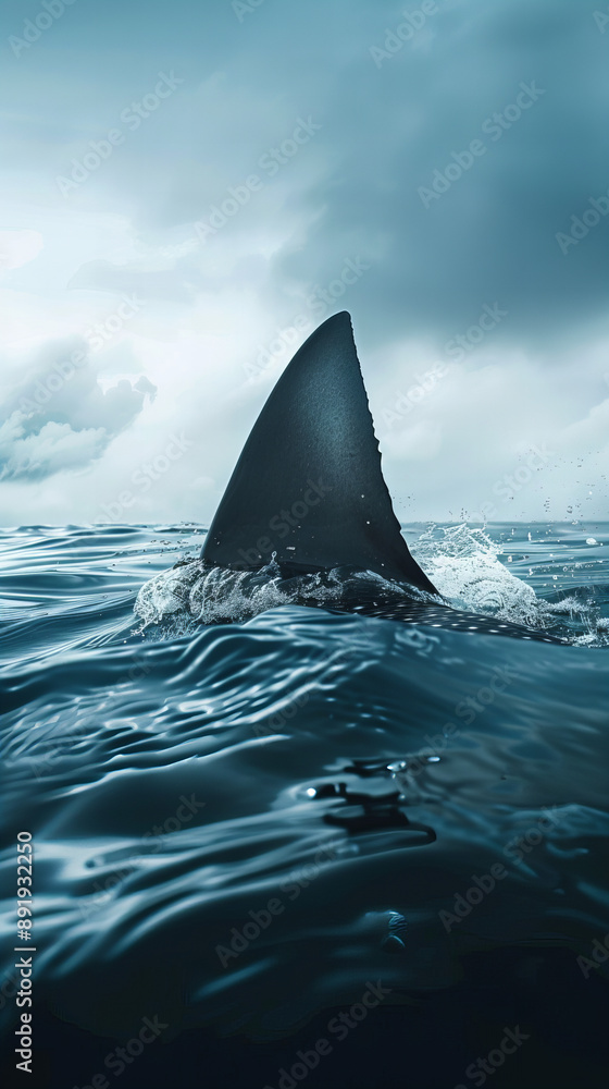 Fototapeta premium lone shark fin cutting through the ocean's surface, set against a backdrop of turbulent waters and cloudy skies. The scene evokes a sense of mystery and suspense, emphasizing the raw power
