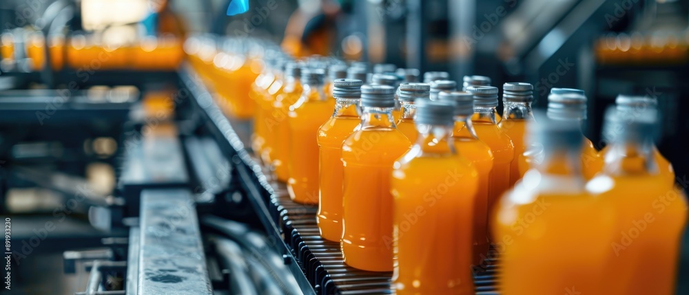 Modern production line for bottling and packaging natural juices and drinks. Concept of an industrial juice bottling plant, conveyor with juice Modern production line for bottling and packaging natural juices and drinks. Concept of an industrial juice bottling plant, conveyor with juice