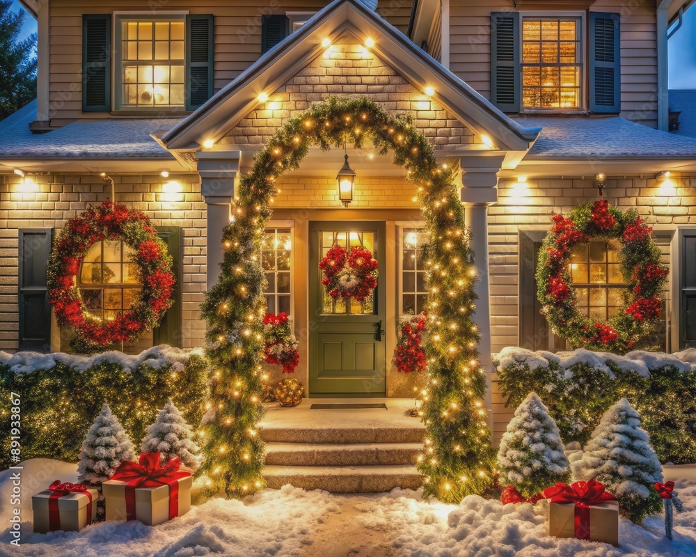 Fototapeta premium Warm and inviting festive house exterior adorned with twinkling garland lights, wreaths, and bows, evoking a magical holiday atmosphere, perfect for Christmas and New Year celebrations.