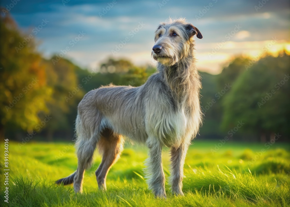 Majestic Irish Wolfhound dog stands alone in a lush green meadow, its grey and white coat glistening in the warm sunlight, ears perked up alertly. Majestic Irish Wolfhound dog stands alone in a lush green meadow, its grey and white coat glistening in the warm sunlight, ears perked up alertly.