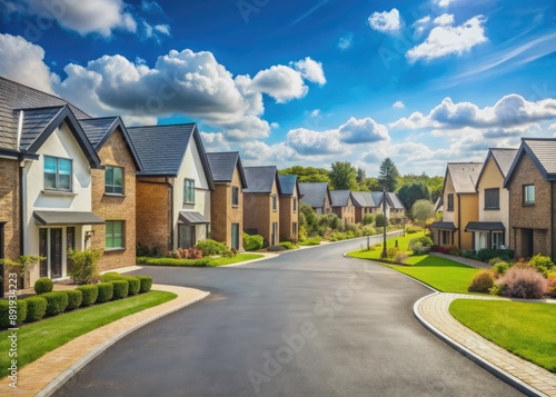 Newly built modern homes in a rural housing development with empty streets and surrounding greenery, plenty of copyspace for text, representing growth and expansion. © kansak01