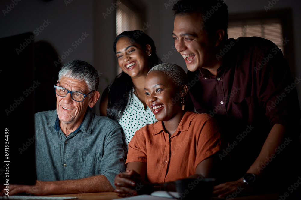 Creative, team and smile in office at night with computer for creating blog post, online and developing content strategy. Copywriter, group and working late for proofreading, editing and deadline.