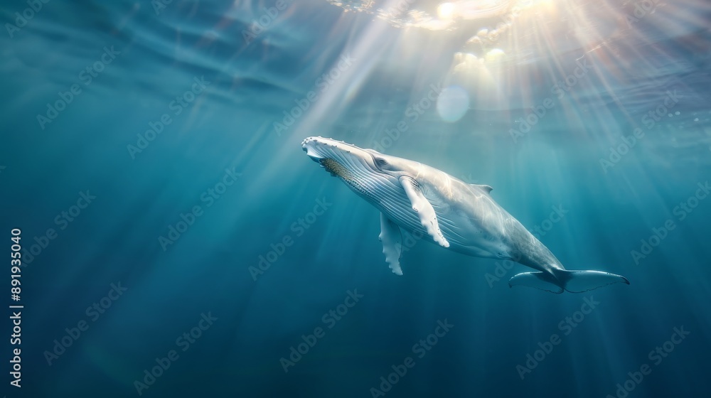 Obraz premium A majestic whale swimming gracefully underwater with light rays illuminating the scene in the deep blue ocean.