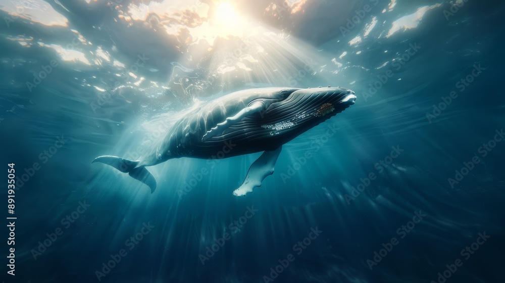 A majestic whale swims gracefully in the ocean, illuminated by sun rays filtering through the water, creating a serene underwater scene. A majestic whale swims gracefully in the ocean, illuminated by sun rays filtering through the water, creating a serene underwater scene.