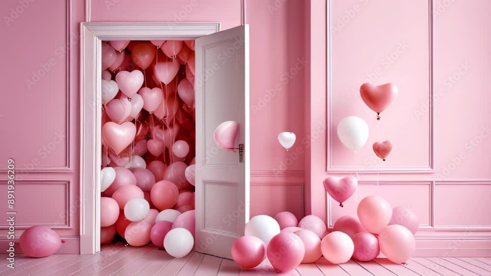 Pink balloons in shape of hearts in open door for Valentine's day Greeting love video. Romantic animation on for Valentine's day, St. Valentines Day, Mother's day, Wedding anniversary, e-card