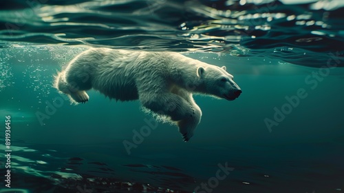 A breathtaking image of a polar bear swimming in the deep blue sea, capturing the essence of its ability to navigate through underwater realms with grace. photo