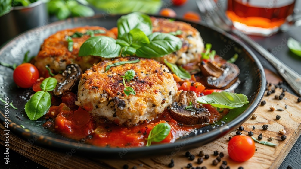 Healthy buckwheat and chicken patties with mushrooms tomato sauce and micro basil in a modern gluten free kitchen Healthy buckwheat and chicken patties with mushrooms tomato sauce and micro basil in a modern gluten free kitchen
