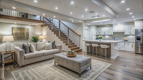 A modern basement renovation featuring a spacious room with a staircase and a white counter
