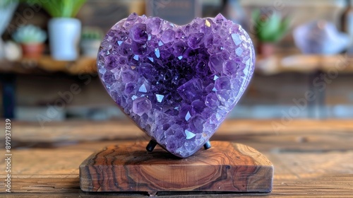 crystal healing symbolism, heart-shaped amethyst crystal on a wooden stand signifies love and healing energy, perfect as a heartfelt gift or a lovely addition to your crystal collection photo