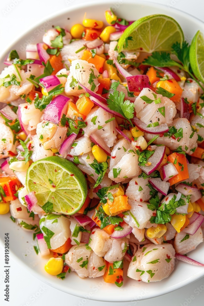 A crisp photograph of a Peruvian ceviche with fresh fish, lime, red onions, and cilantro, refreshing and tangy, top-down view. A crisp photograph of a Peruvian ceviche with fresh fish, lime, red onions, and cilantro, refreshing and tangy, top-down view.