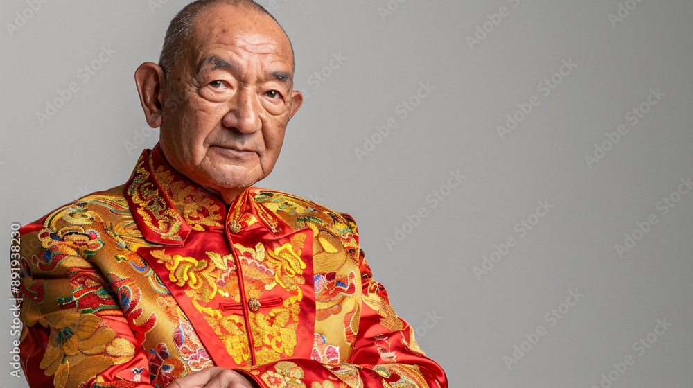 Fashionable elderly Asian person in a tailored contemporary outfit with traditional designs posing elegantly in a high detail studio shot Stock Photo with copy space