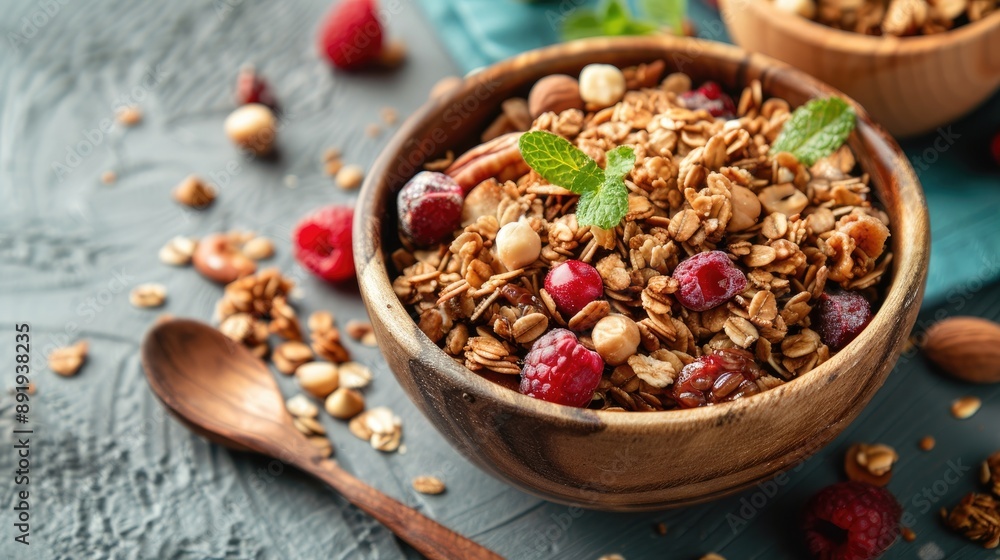 Nutritious Breakfast Nutty and Fruity Granola on Gray Wood Background Nutritious Breakfast Nutty and Fruity Granola on Gray Wood Background