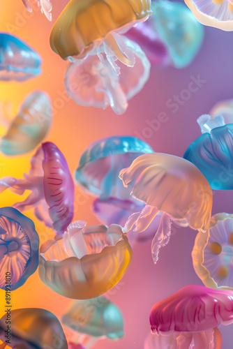 Dynamic and Vibrant Array of Translucent Jelly Blobs in Mid-Air photo