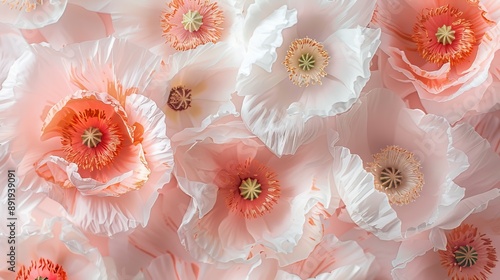 Beautiful close-up image of delicate pale pink and white hibiscus flowers with intricate petal textures and stamens, captured in natural light creating an ethereal feel.