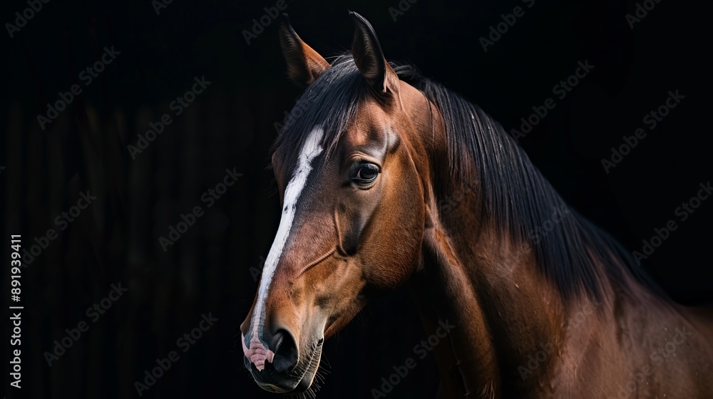 A detailed and vibrant close-up photograph of a beautiful brown horse with a distinctive white stripe running down its forehead, captured in a serene moment against a dark background. A detailed and vibrant close-up photograph of a beautiful brown horse with a distinctive white stripe running down its forehead, captured in a serene moment against a dark background.