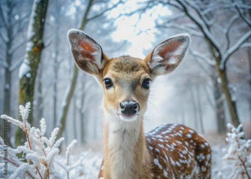 Adorable fawn with large brown eyes and white spotted fur stands cautiously in a snow-covered forest, surrounded by frosty trees and gentle winter mist. Adorable fawn with large brown eyes and white spotted fur stands cautiously in a snow-covered forest, surrounded by frosty trees and gentle winter mist.