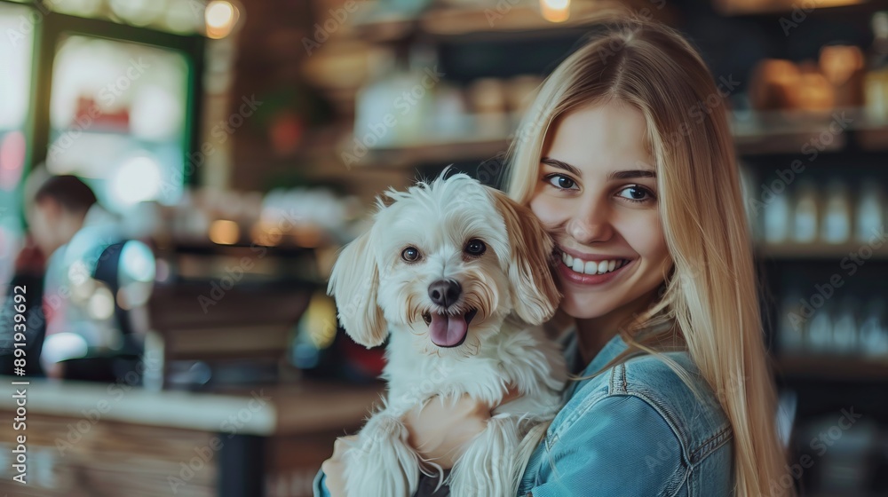 This colorful image shows a smiling woman holding a small white dog in a cozy, warmly-lit cafe setting, full of joy and companionship. This colorful image shows a smiling woman holding a small white dog in a cozy, warmly-lit cafe setting, full of joy and companionship.