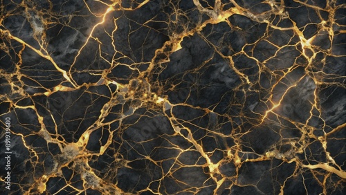 Luxurious black marble texture features intricate golden veins weaving through its dark surface, creating a seamless pattern for natural stone design elements.