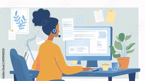 Online seminar, workshop, and meeting scenario where a call center agent is explaining, taking notes, and engaging in conversation on a desktop computer while working in an office.