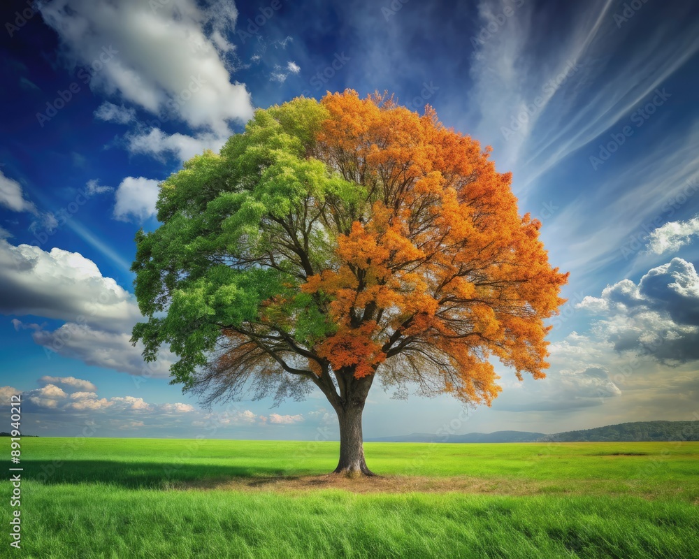 Fototapeta premium A solitary tree stands tall, its branches morphing from vibrant green to fiery orange, snowy white, and back to green, showcasing nature's cyclical beauty.