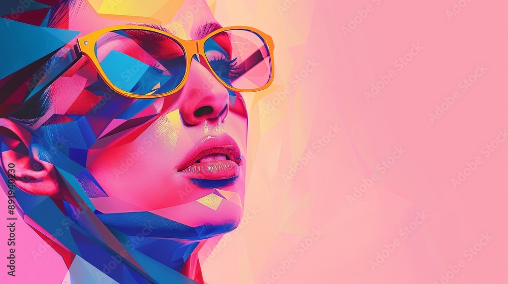A colorful abstract digital art piece, featuring a woman wearing yellow glasses, portrayed with bold and vivid geometric shapes in a modern, dynamic style. A colorful abstract digital art piece, featuring a woman wearing yellow glasses, portrayed with bold and vivid geometric shapes in a modern, dynamic style.