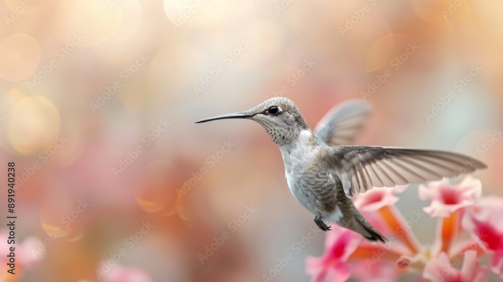Fototapeta premium Beautiful hummingbird hovering near vibrant flowers with a soft, dreamy background. Perfect for nature and wildlife projects.