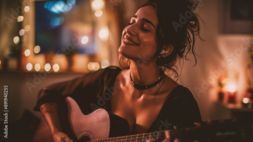 passionate young female musician smiling, holding and playing guitar, cozy home party friends background blurred. joy and fun with family and friends. wallpaper backgrounds for ads, web design, sites