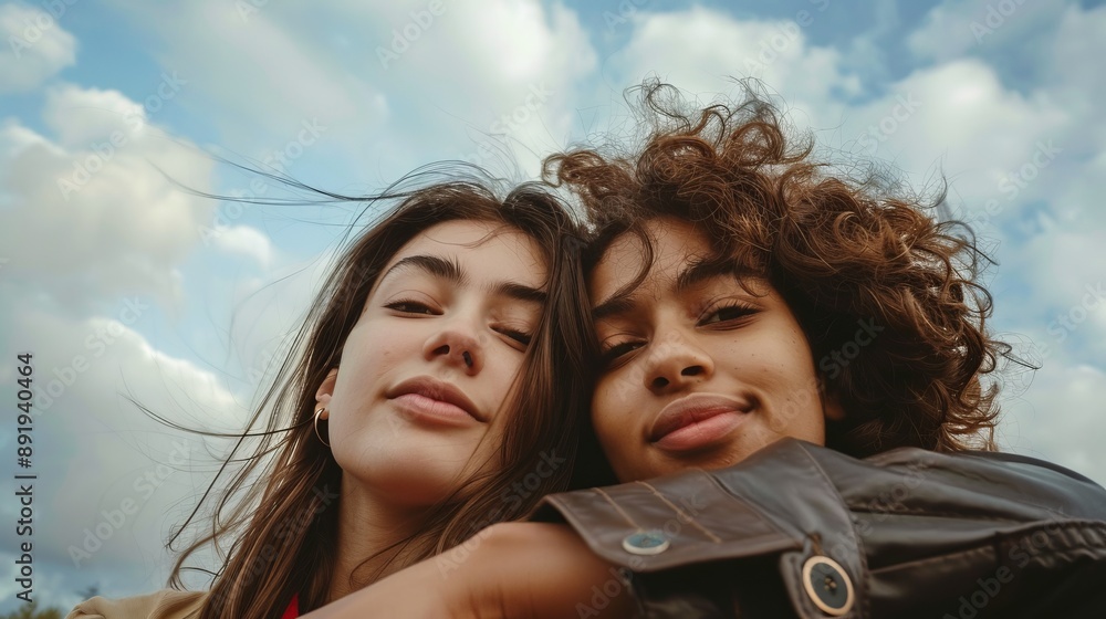 Two diverse friends embrace while posing outdoors under a cloudy sky. Their expressions convey friendship and unity amidst the natural and spontaneous setting. Two diverse friends embrace while posing outdoors under a cloudy sky. Their expressions convey friendship and unity amidst the natural and spontaneous setting.
