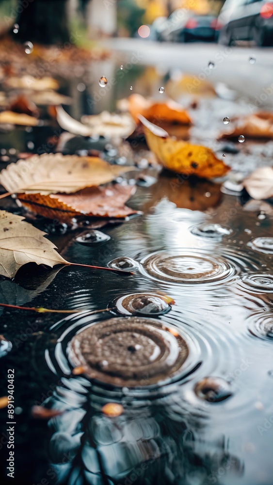 Raindrops in an autumn puddle, autumn rain. Autumn background. Raindrops in an autumn puddle, autumn rain. Autumn background.