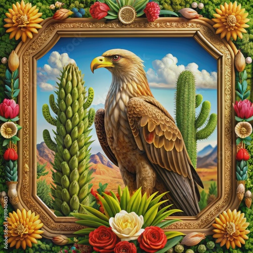 Richly ornate golden frame surrounds a vibrant image of a majestic eagle perched on a cactus with blooming flowers, symbolizing Mexican cultural heritage. photo